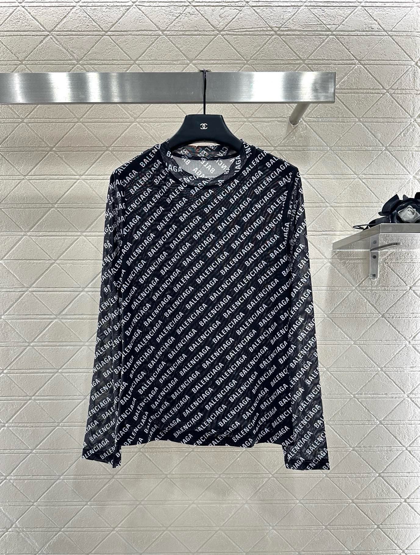 Balenciaga Logo Print Mesh Top, Long Sleeve Slim Fit Shirt