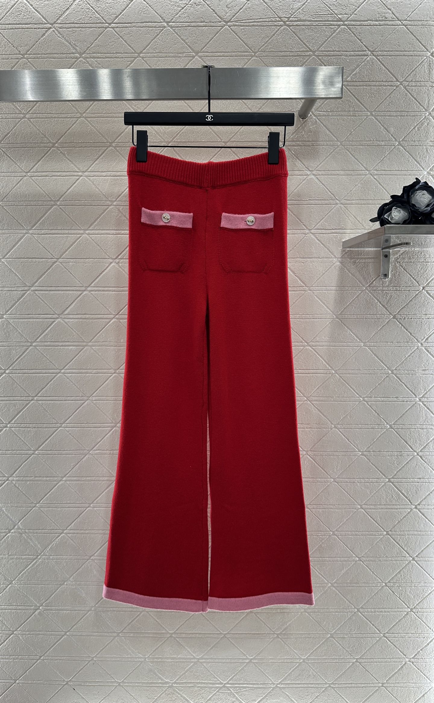 ♥Chane*♥2025新品上架 撞色包边阔腿针织长裤定制YB羊绒针织材质，密度织法，质感十足，螺纹高腰