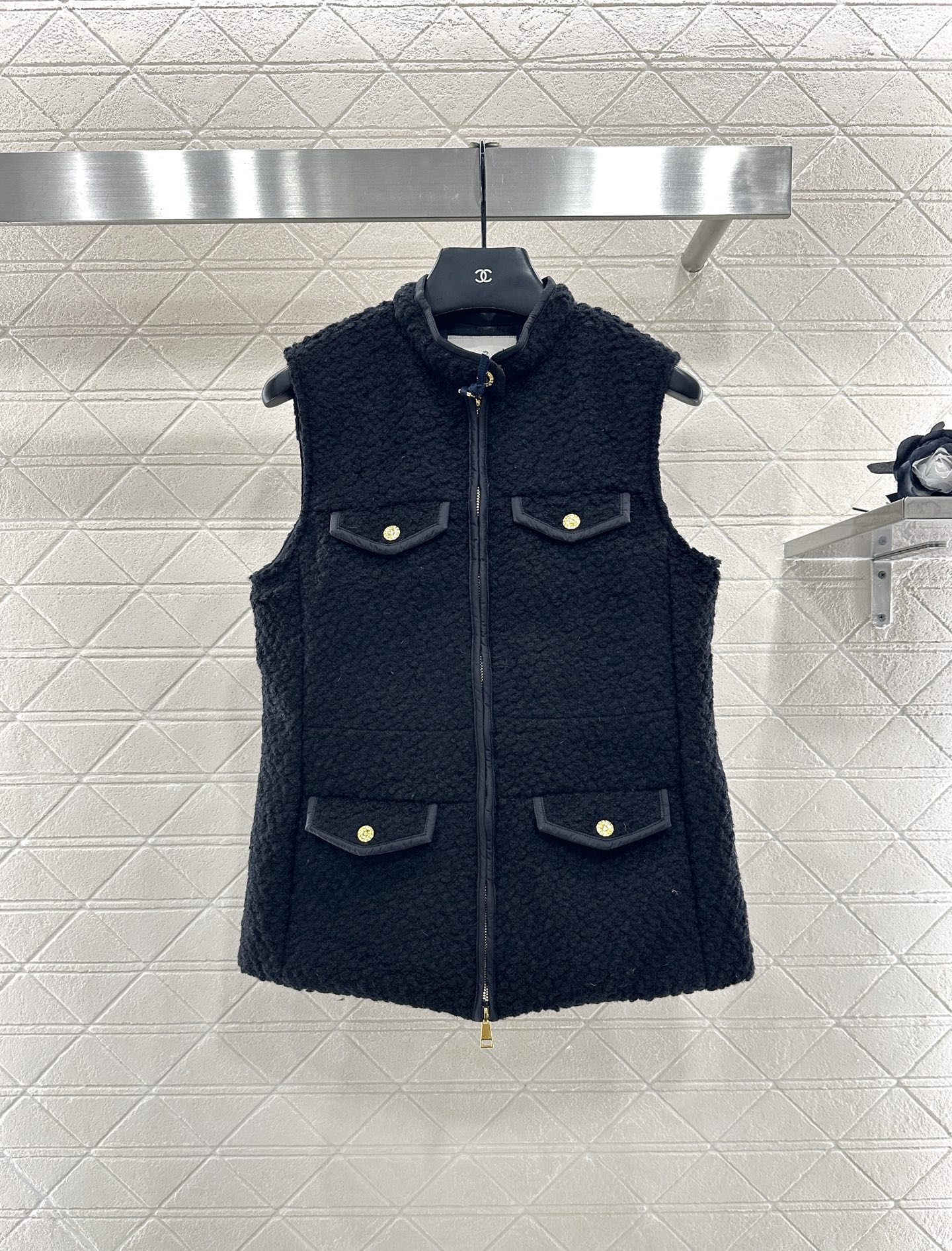 Elegant Tweed Vest with Gold Button Accents and Zipper Closure