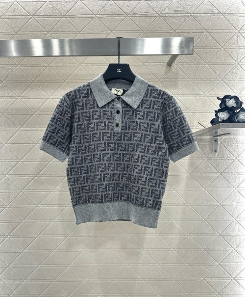 Fendi Women's FF Logo Knit Polo Shirt, Short Sleeve, Gray 1 Fendi Women's FF Logo Knit Polo Shirt, Short Sleeve, Gray