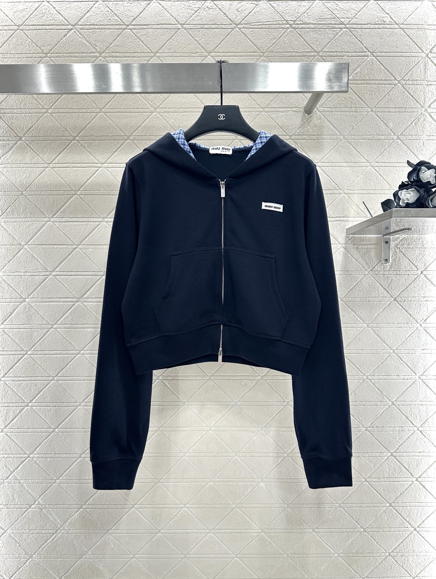 ♥Miumi*♥2025新品上架 格纹拼接连帽外套长裤套装定制YB斜纹全棉材质，质感光泽，品相高级，宽松