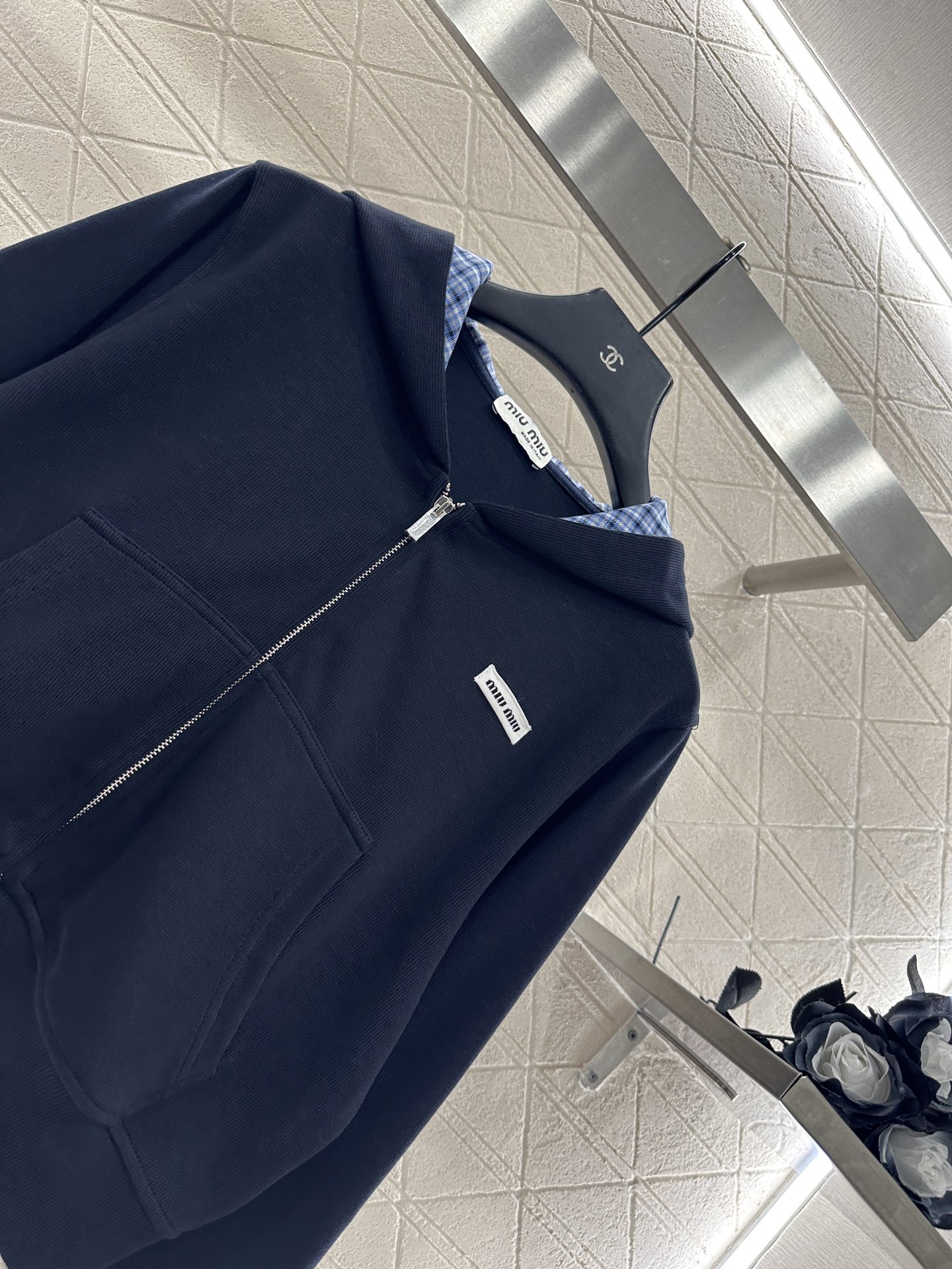 ♥Miumi*♥2025新品上架 格纹拼接连帽外套长裤套装定制YB斜纹全棉材质，质感光泽，品相高级，宽松