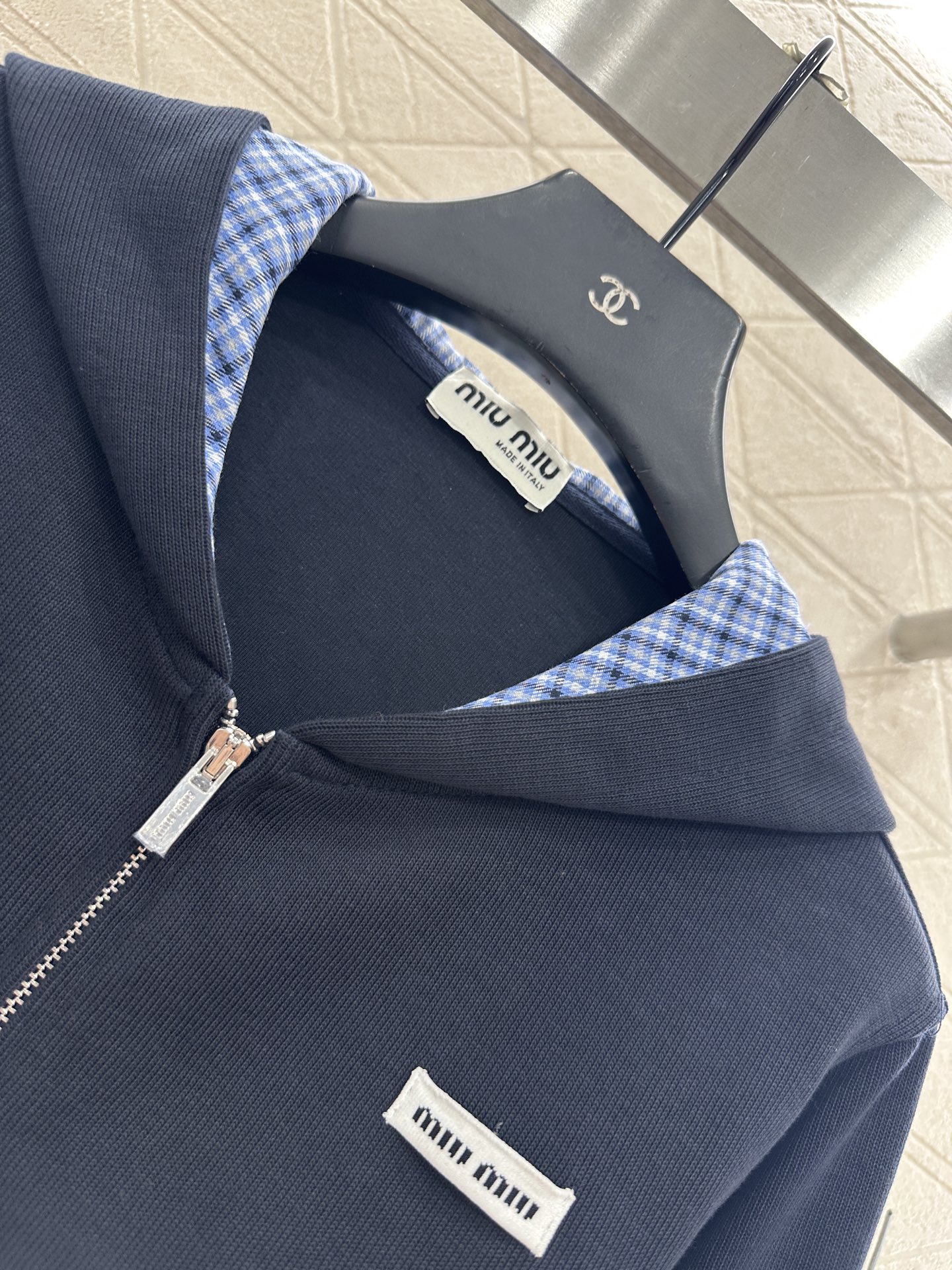 ♥Miumi*♥2025新品上架 格纹拼接连帽外套长裤套装定制YB斜纹全棉材质，质感光泽，品相高级，宽松