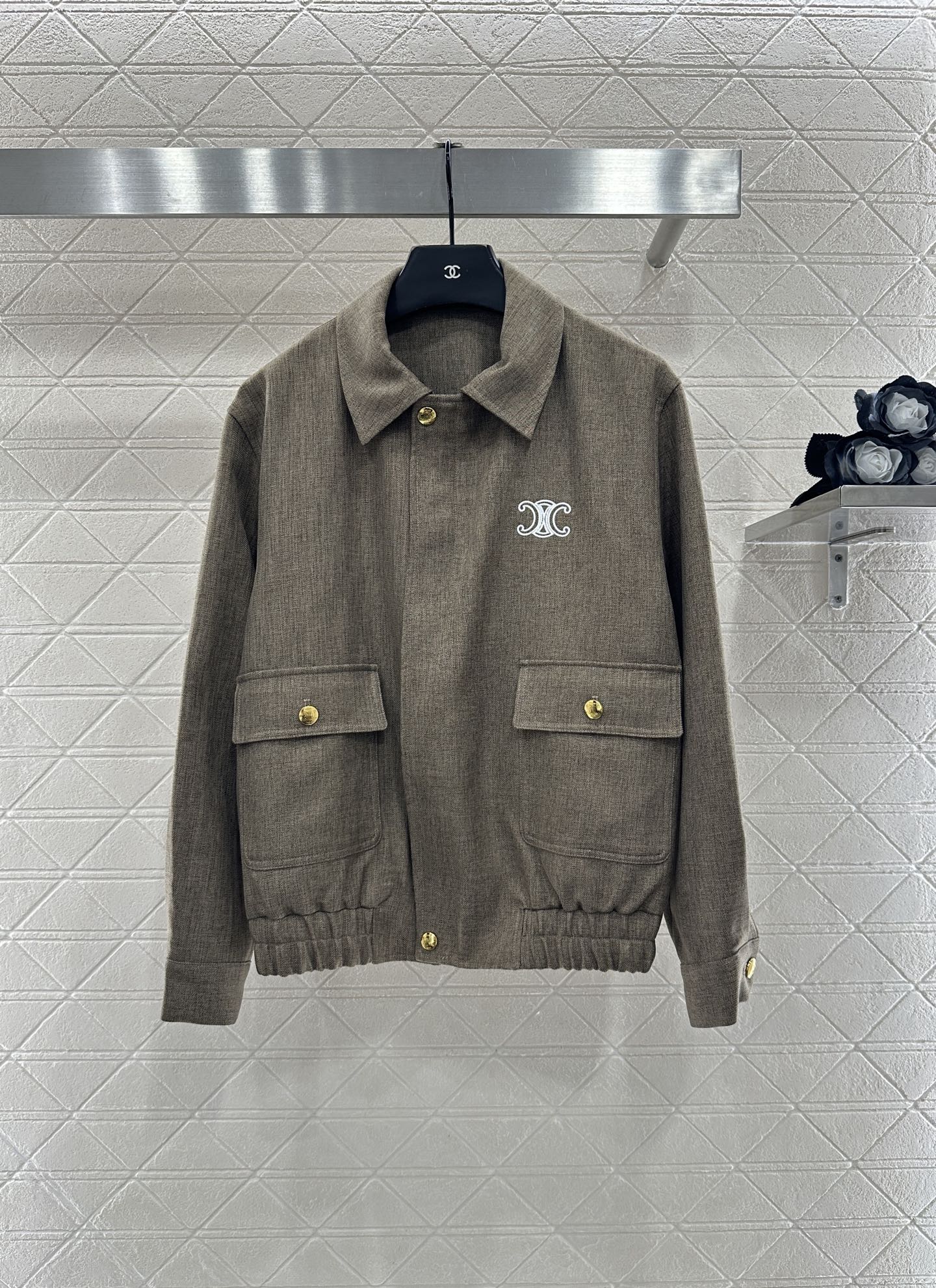 Celine Women's Brown Cotton Blend Cropped Bomber Jacket with Logo