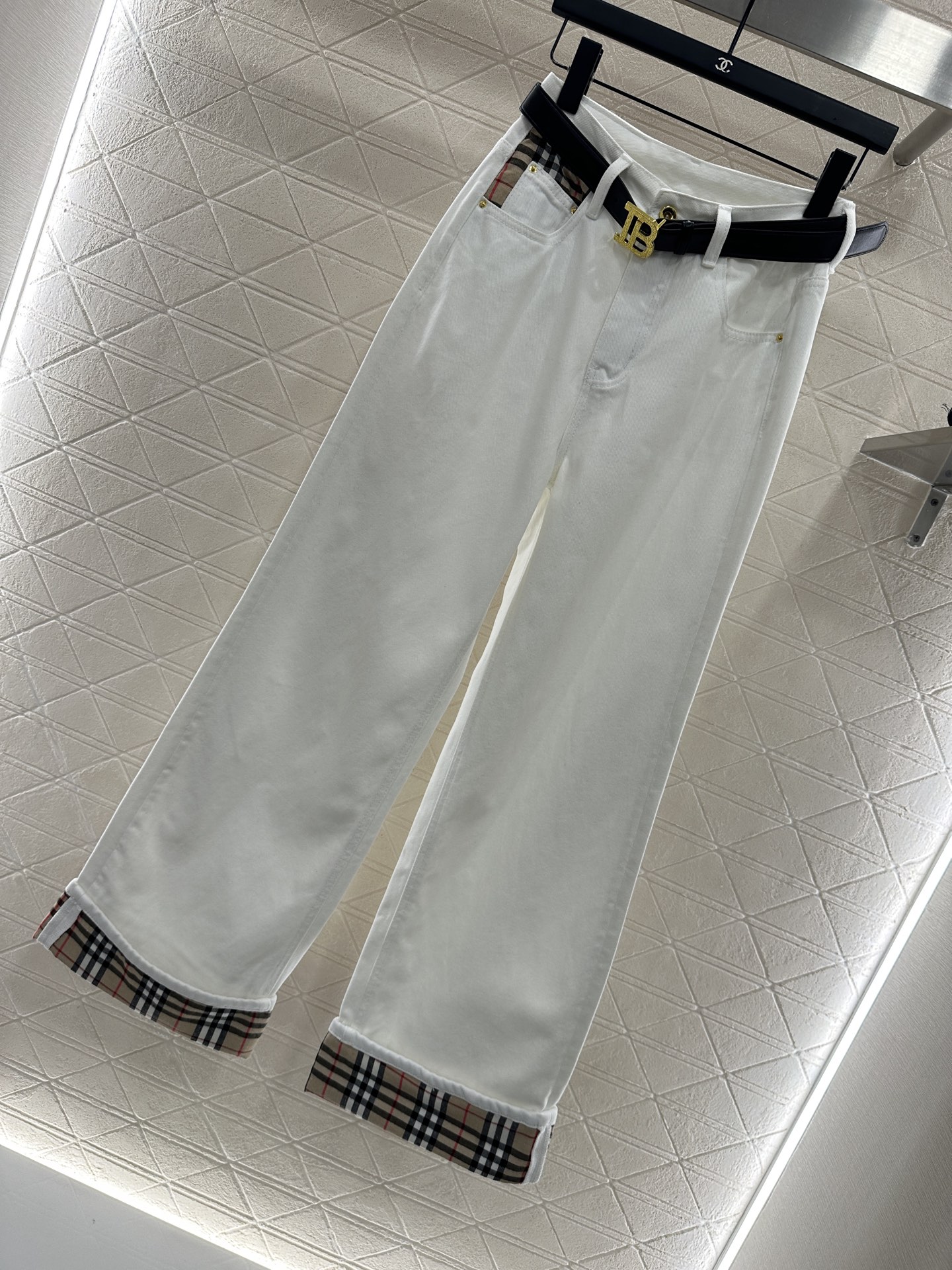 ♥BBR*♥2025新品上架 高腰格纹腰带牛仔长裤定制YB斜纹棉牛仔面料，透气性佳，柔软亲肤，高腰系扣对