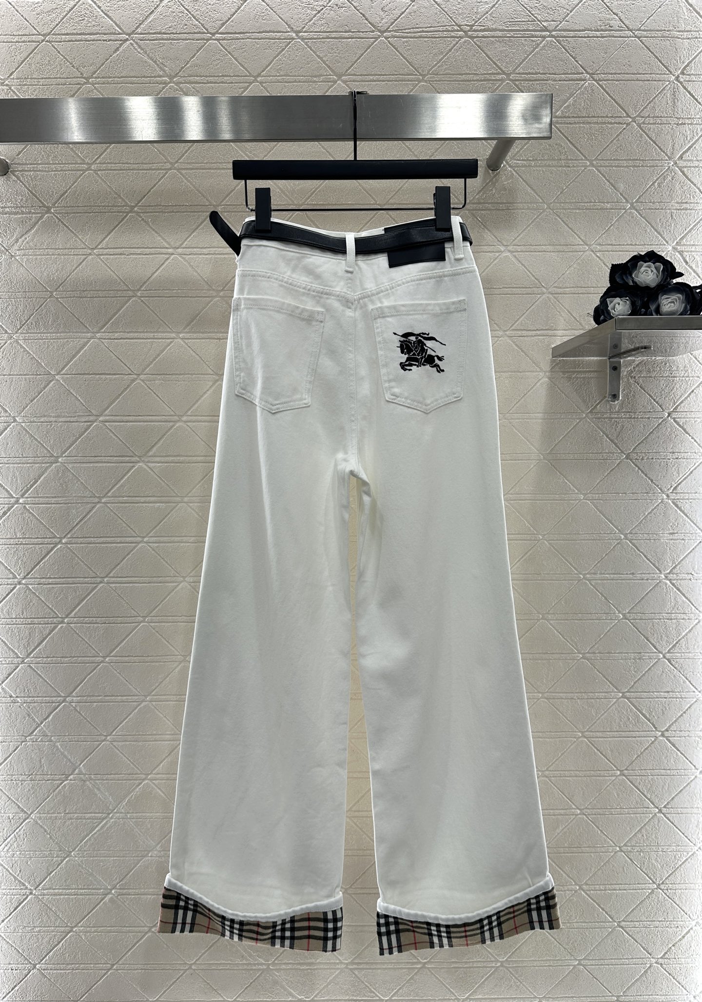 ♥BBR*♥2025新品上架 高腰格纹腰带牛仔长裤定制YB斜纹棉牛仔面料，透气性佳，柔软亲肤，高腰系扣对