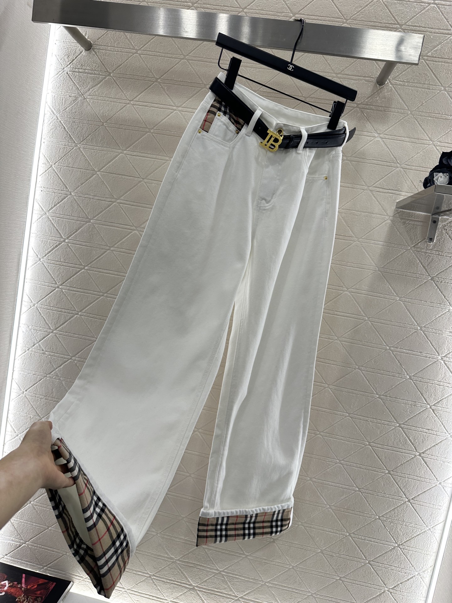 ♥BBR*♥2025新品上架 高腰格纹腰带牛仔长裤定制YB斜纹棉牛仔面料，透气性佳，柔软亲肤，高腰系扣对
