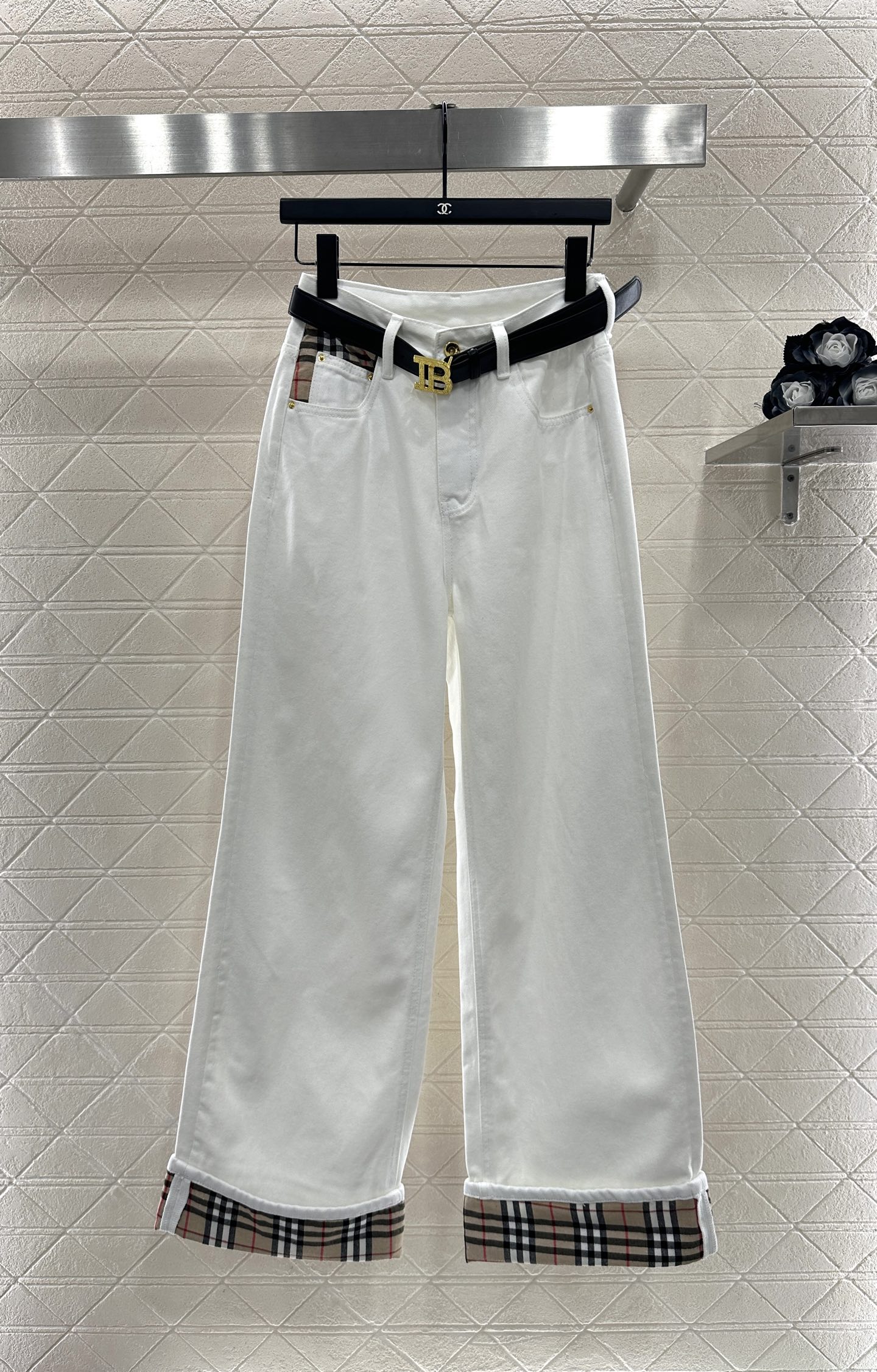 ♥BBR*♥2025新品上架 高腰格纹腰带牛仔长裤定制YB斜纹棉牛仔面料，透气性佳，柔软亲肤，高腰系扣对