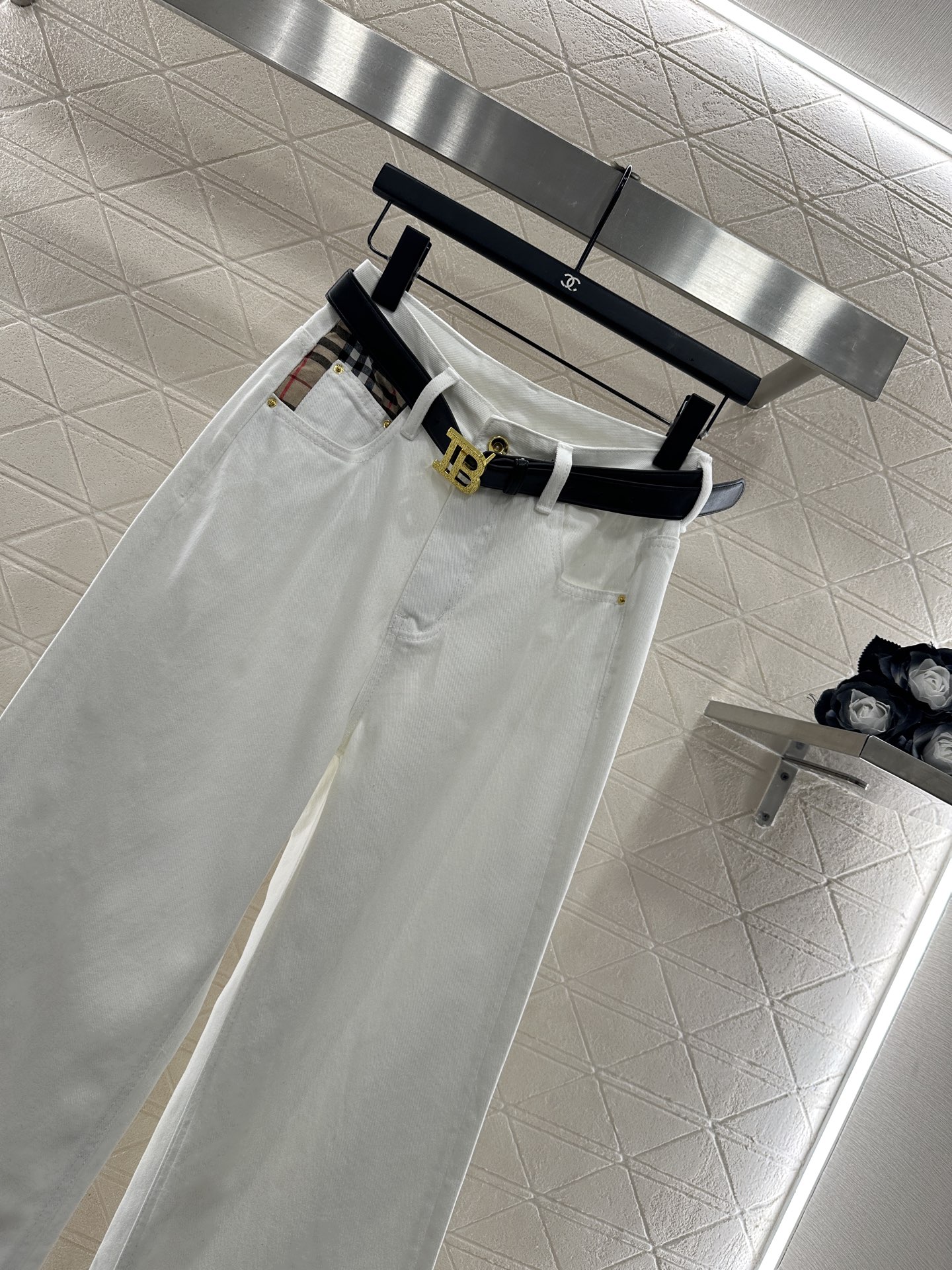 ♥BBR*♥2025新品上架 高腰格纹腰带牛仔长裤定制YB斜纹棉牛仔面料，透气性佳，柔软亲肤，高腰系扣对