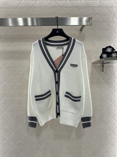 Miu Miu Striped Wool Knit Cardigan, Classic V-Neck Sweater for Women 1 Miu Miu Striped Wool Knit Cardigan, Classic V-Neck Sweater for Women