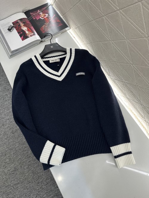 Miu Miu Women's Color Block V-Neck Wool Blend Knit Sweater 12 Miu Miu Women's Color Block V-Neck Wool Blend Knit Sweater