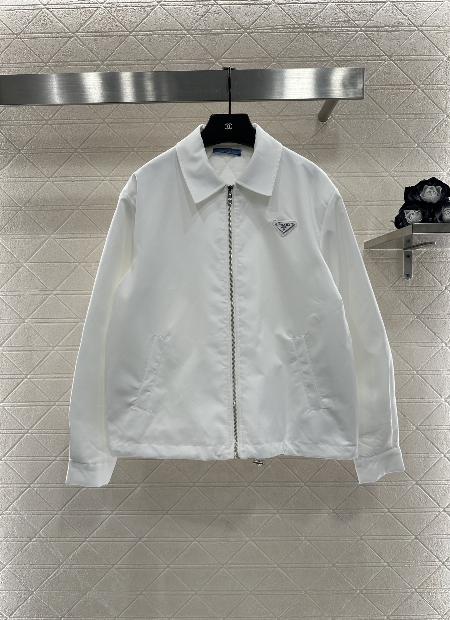 Prada 2025 New Arrival White Nylon Jacket with Metal Logo Detail