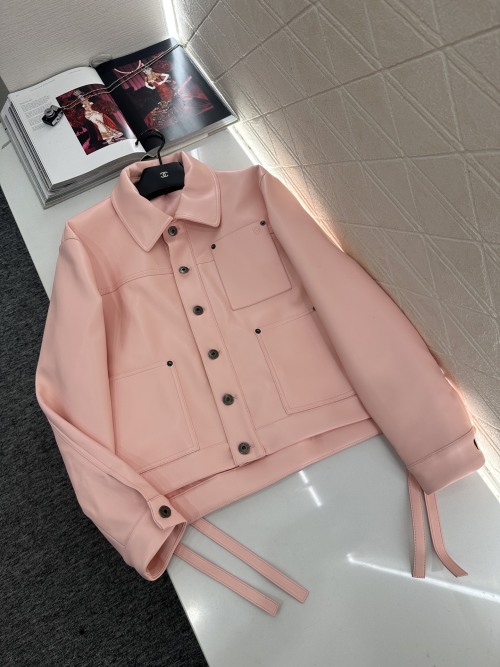 Loewe 2025 Pink Leather Jacket with Shoulder Lapel - Chic & Stylish 1 Loewe 2025 Pink Leather Jacket with Shoulder Lapel - Chic & Stylish