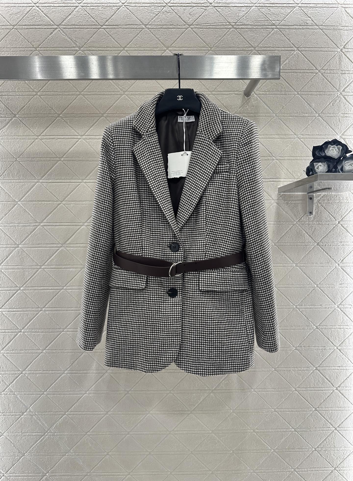 Houndstooth Belted Blazer - Long Sleeve Wool Blend Jacket for Women 2 i1760186095756 122 0 0