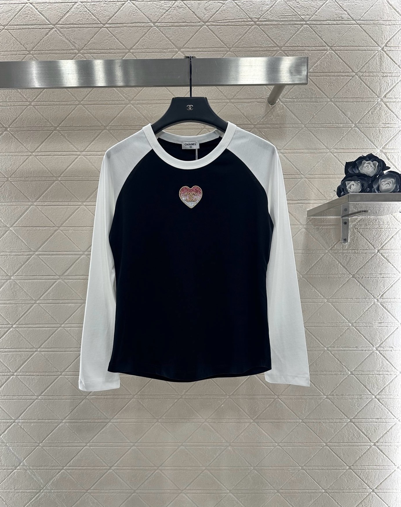 CHANEL Women's Round Neck Raglan Long Sleeve T-Shirt Heart Embellished