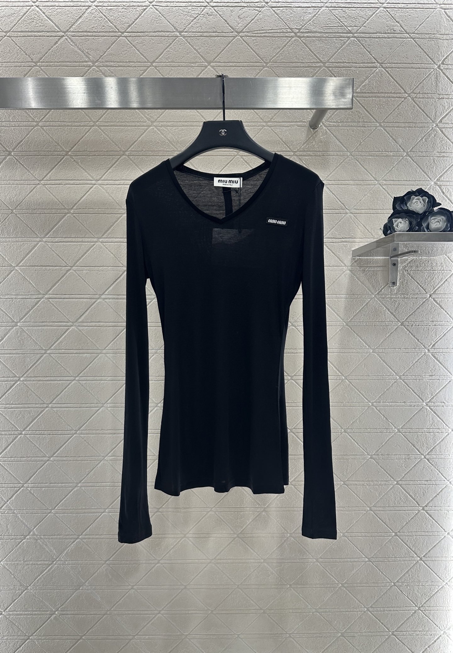 Miu Miu Black Fitted Long Sleeve Top Heart Neckline Logo Detail