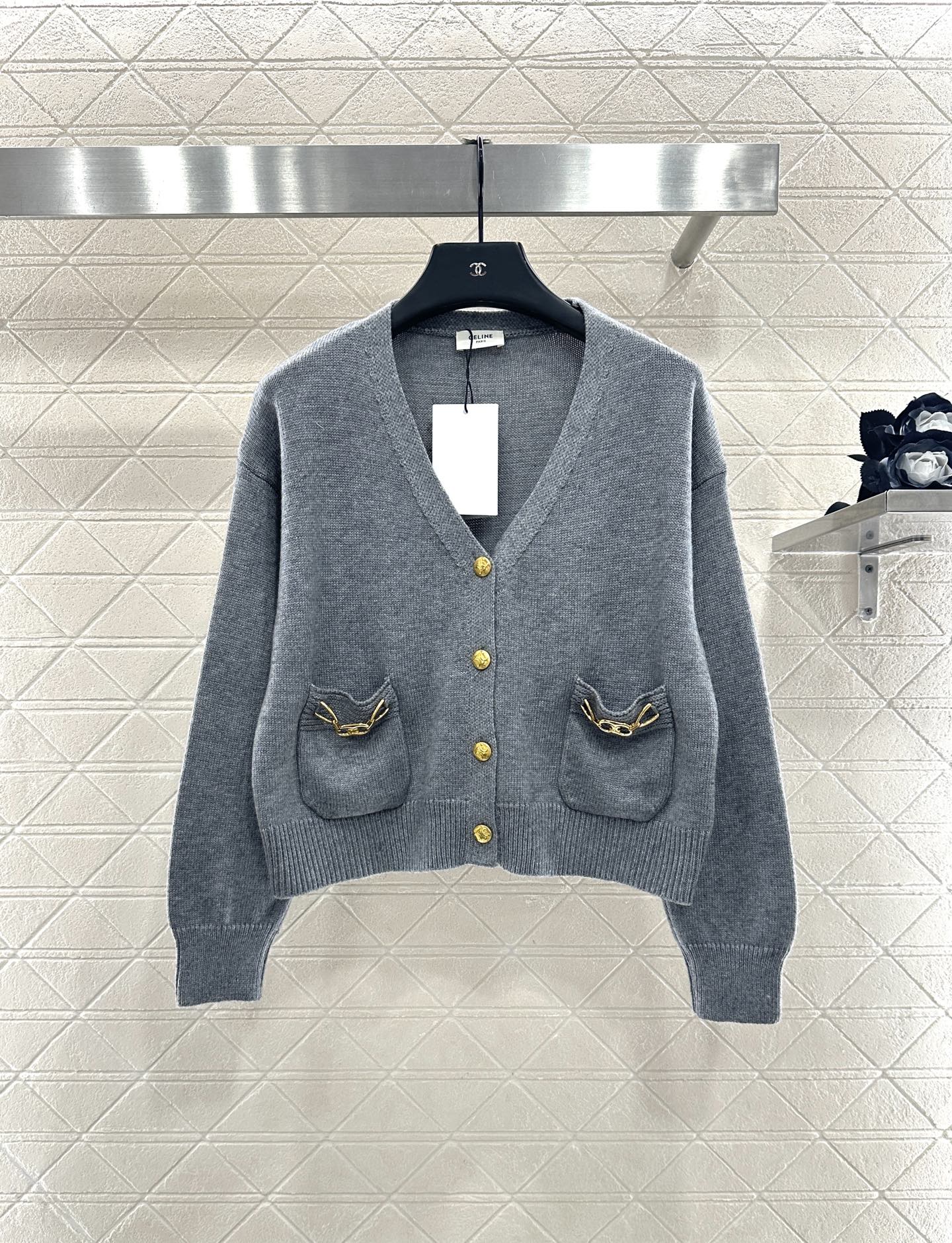 Celine Cardigan - Gray Wool Knitwear with Chain Pocket Detail