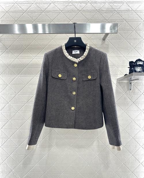 Celine Women's Wool Tweed Jacket with Ruffle Trim and Gold-Tone Buttons 10 Celine Women's Wool Tweed Jacket with Ruffle Trim and Gold-Tone Buttons