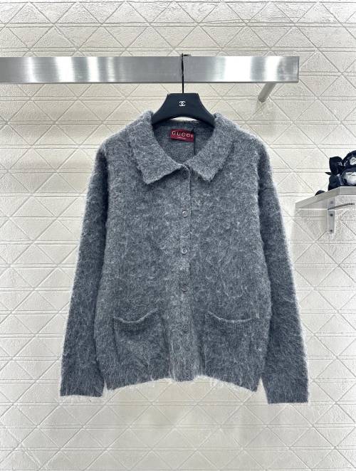 Gucci Women's Mohair Wool Blend Knit Cardigan with Pockets - Gray 1 Gucci Women's Mohair Wool Blend Knit Cardigan with Pockets - Gray