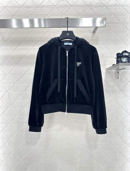 Prada Women's Black Velour Hoodie Set with Embroidered Logo, CT83761 1 Prada Women's Black Velour Hoodie Set with Embroidered Logo, CT83761