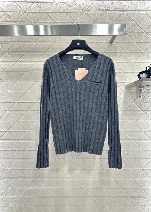 Miu Miu Ribbed Knit V-Neck Long Sleeve Sweater, Wool Blend, Gray 1 Miu Miu Ribbed Knit V-Neck Long Sleeve Sweater, Wool Blend, Gray