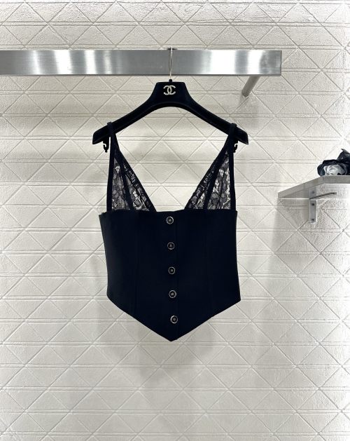 Chanel Lace-Trimmed Wool Blend Corset Top - Deep V-Neck, Sleeveless, Black 1 Chanel Lace-Trimmed Wool Blend Corset Top - Deep V-Neck, Sleeveless, Black