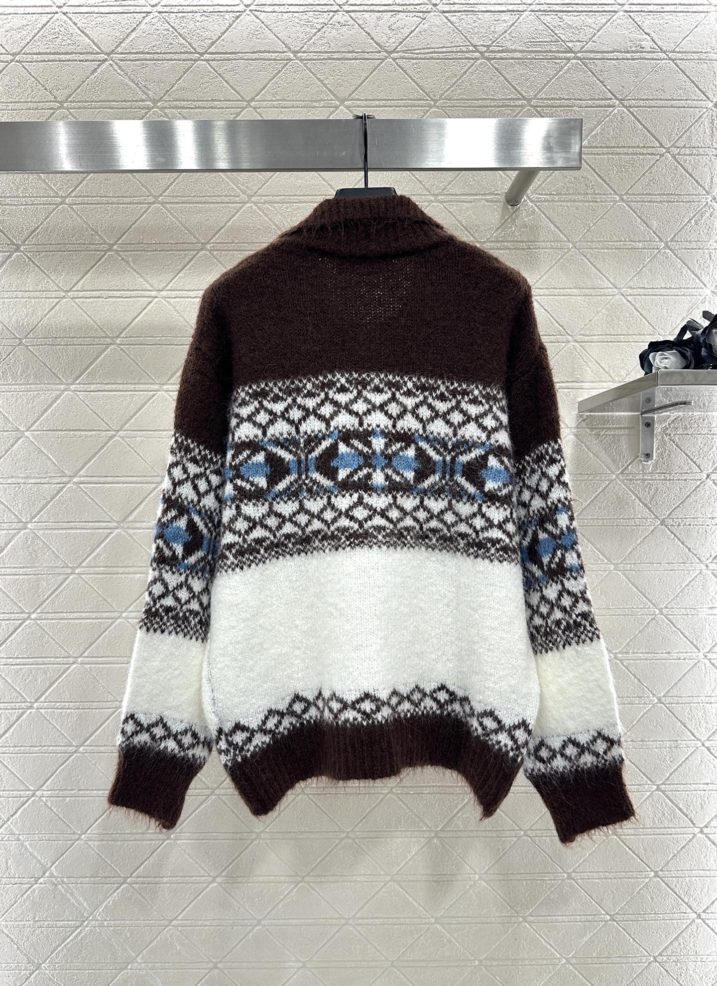 ♥Miumi*♥2025新品上架 翻领半开襟费尔岛针织上衣定制YB羊毛纱线织造，质感高级，舒适柔软，翻领