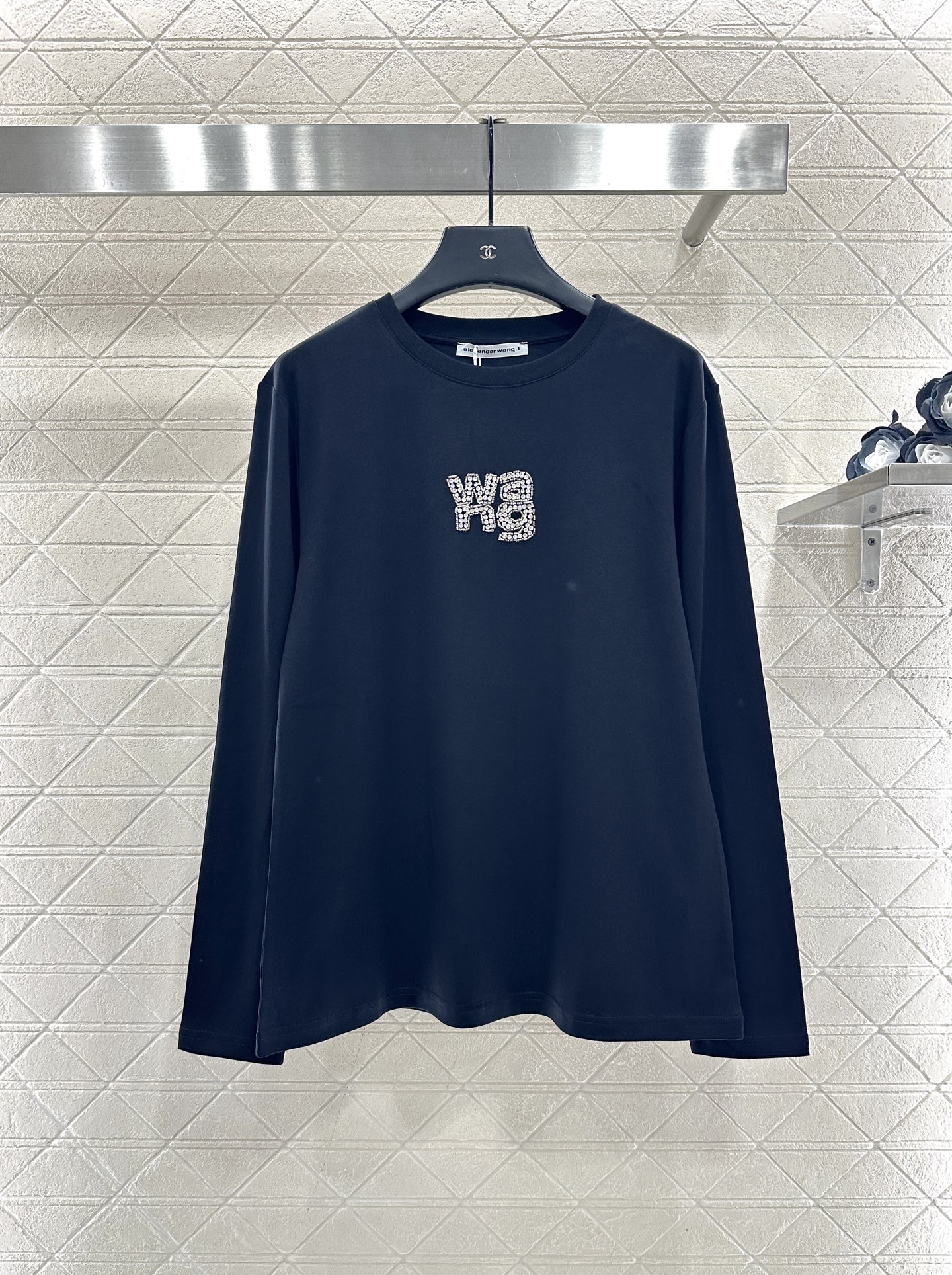 ♥Alexander wan*♥2025新品上架 烫钻钉珠圆领长袖定制YB进口棉府绸材质，透气舒适，质感