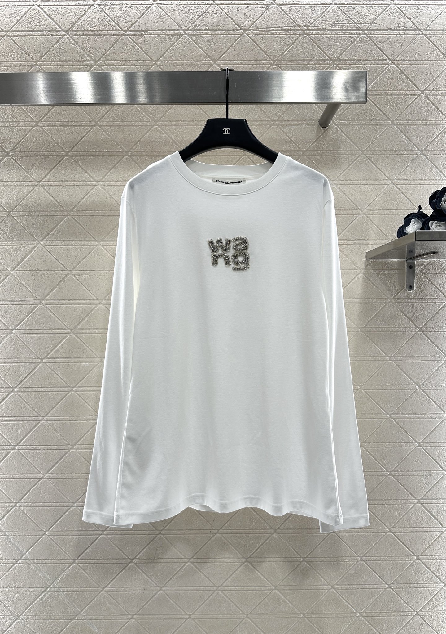 ♥Alexander wan*♥2025新品上架 烫钻钉珠圆领长袖定制YB进口棉府绸材质，透气舒适，质感