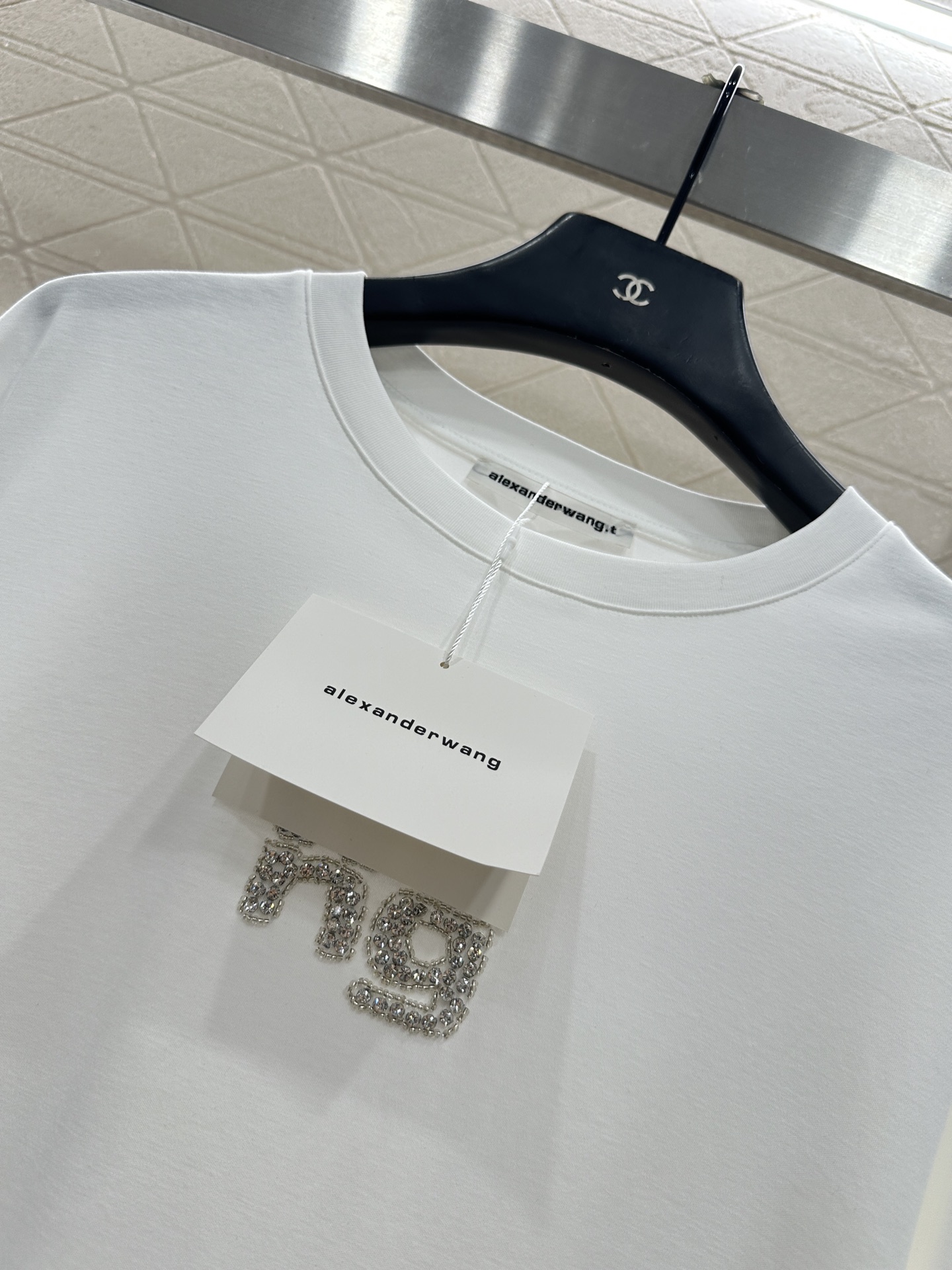 ♥Alexander wan*♥2025新品上架 烫钻钉珠圆领长袖定制YB进口棉府绸材质，透气舒适，质感