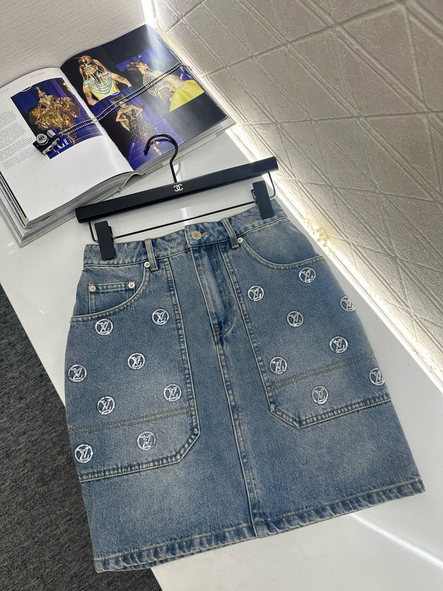 Louis Vuitton Women's Denim Mini Skirt with Embellished Logos