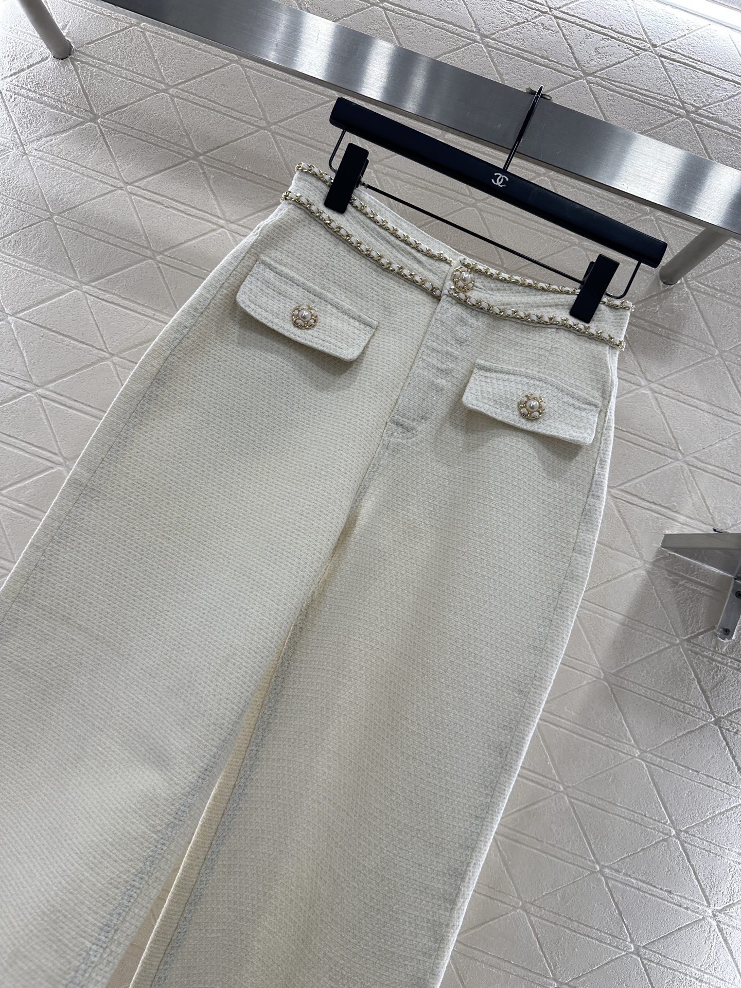 ♥Chane*♥2025新品上架 腰带链条阔腿长裤定制YB进口粗纺毛呢材质，肌理明显，高级时尚，高腰阔腿