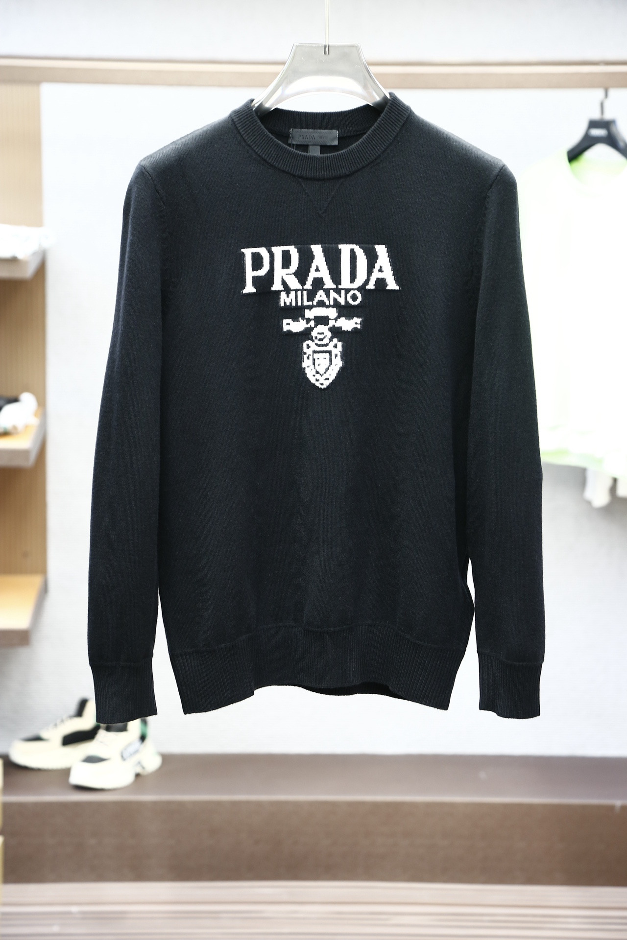 Prada Kleding Sweatshirts Zwart Grijs Wit Borduurwerk Mannen Wol Herfstcollectie Fashion