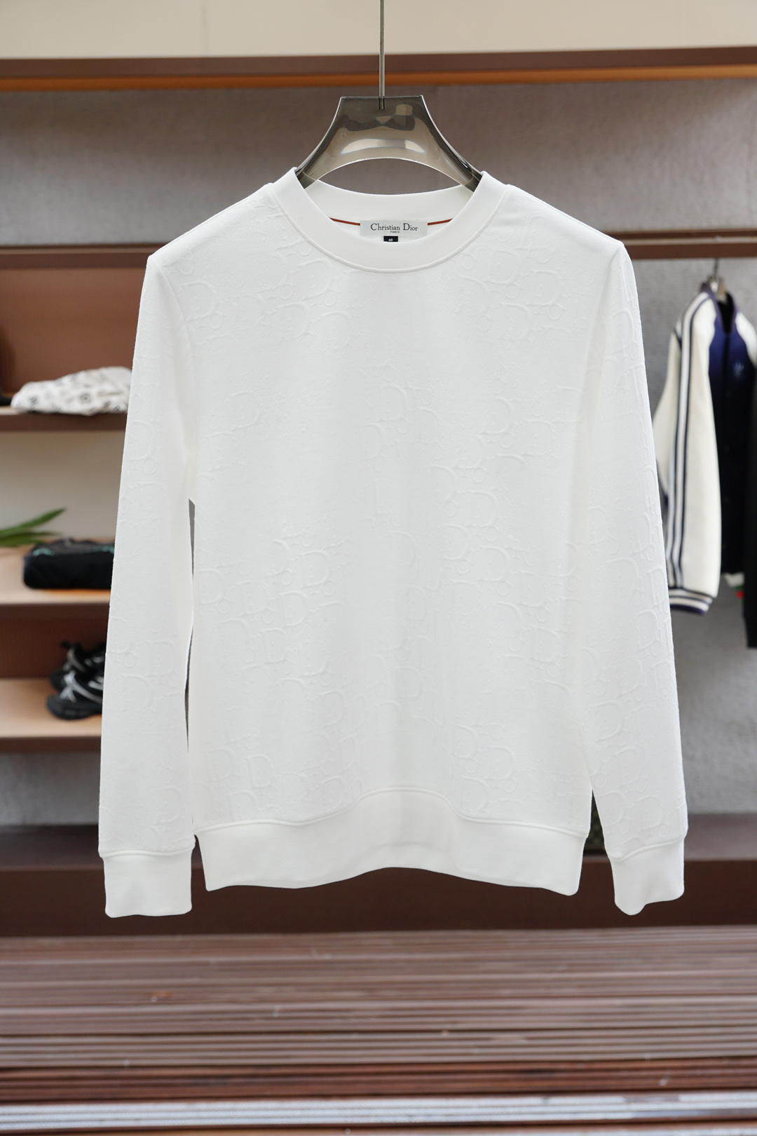 
Dior 迪奥/2025秋款
本款卫衣衫以素净棉质针织，再借明快经典小狗加织带宣告 2025 秋冬秀场