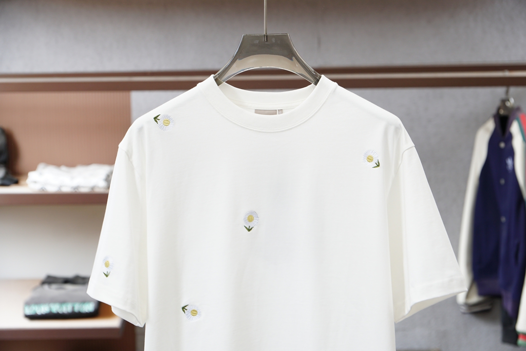 Dior迪奥/2026春夏新款，官网1.1顶级的塑造。纯色刺绣圆领短袖T恤正品9030购入开发，80支双