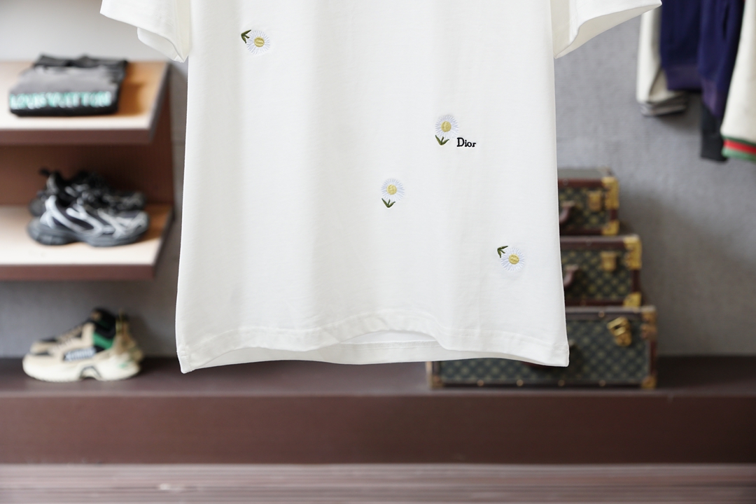 Dior迪奥/2026春夏新款，官网1.1顶级的塑造。纯色刺绣圆领短袖T恤正品9030购入开发，80支双