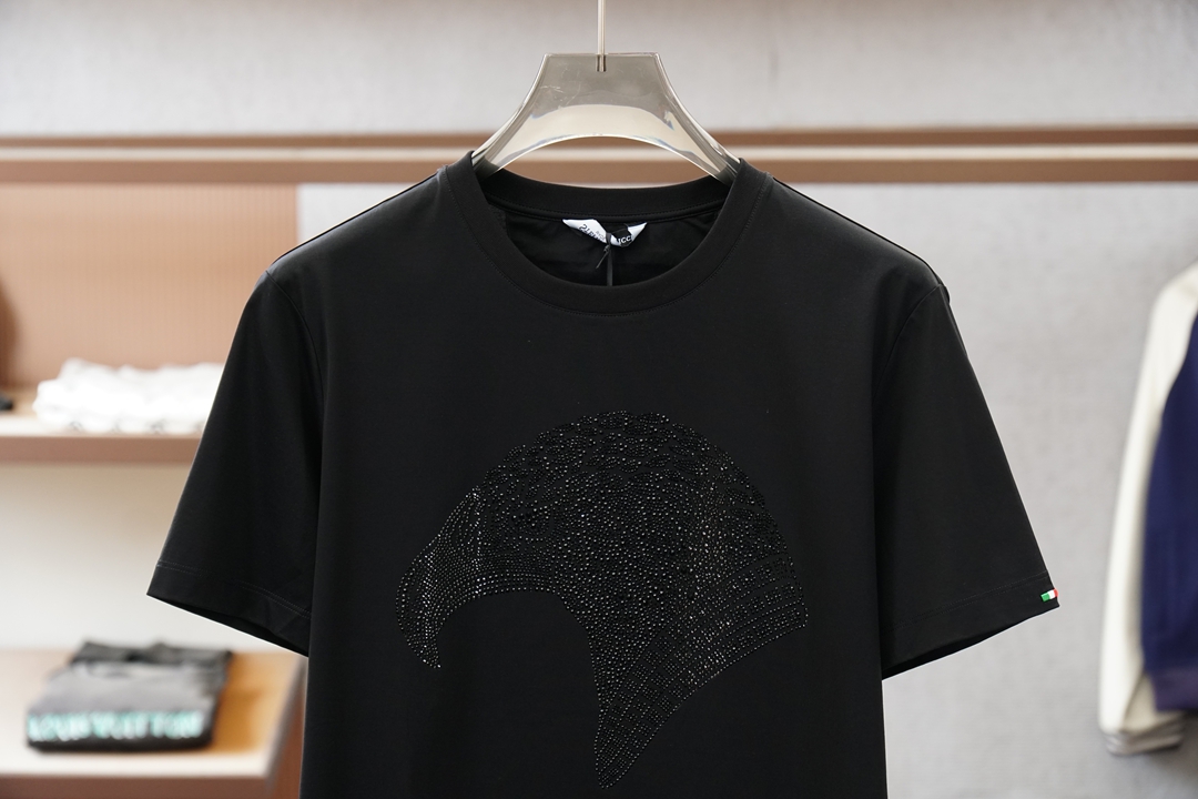 史蒂芬Stefano Ricci·SS26春夏新品水晶鹰头T恤短袖T恤，正面鹰头Logo饰水晶点状装饰，