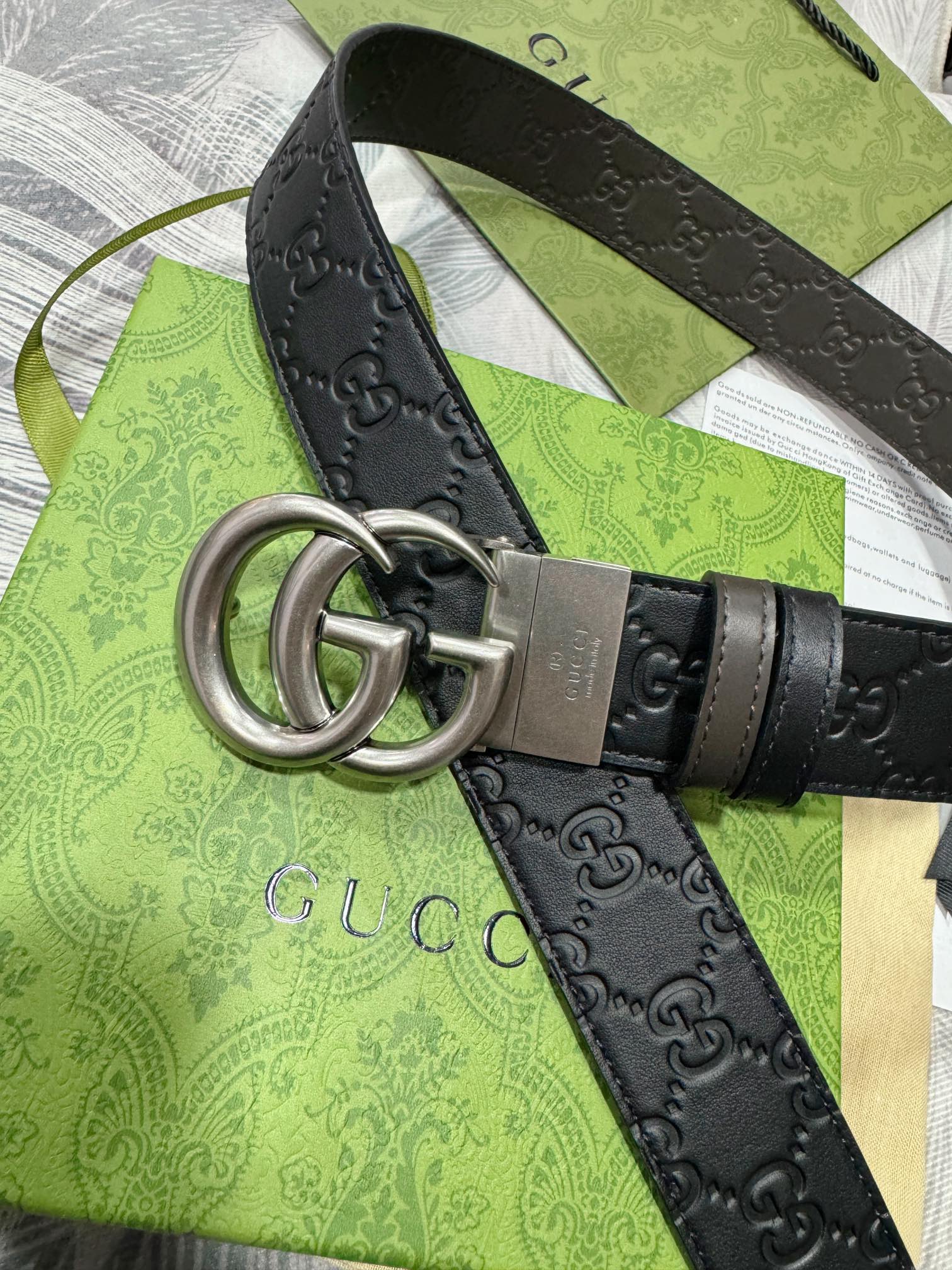 Gucci38MM原单进口双面头层小牛皮搭配原单钌钯电镀双G扣手感.油边近乎完美原产皮料定制质感无可挑剔