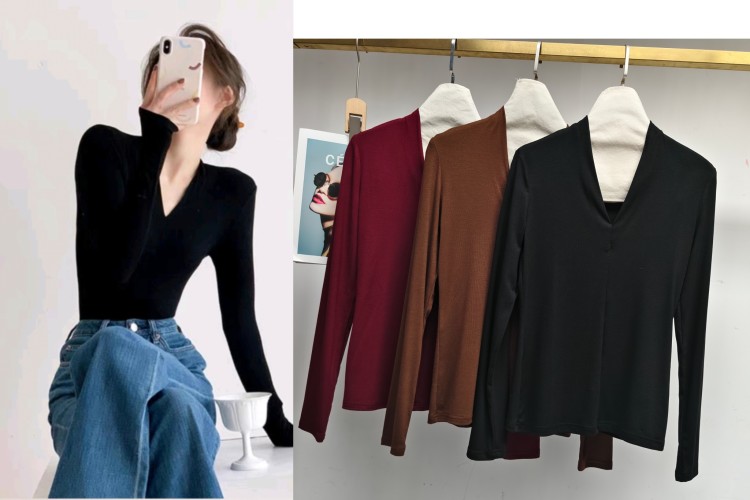 Women's Long Sleeve V-Neck T-Shirt Slim Fit Basic Layering Top 1 Women's Long Sleeve V-Neck T-Shirt Slim Fit Basic Layering Top