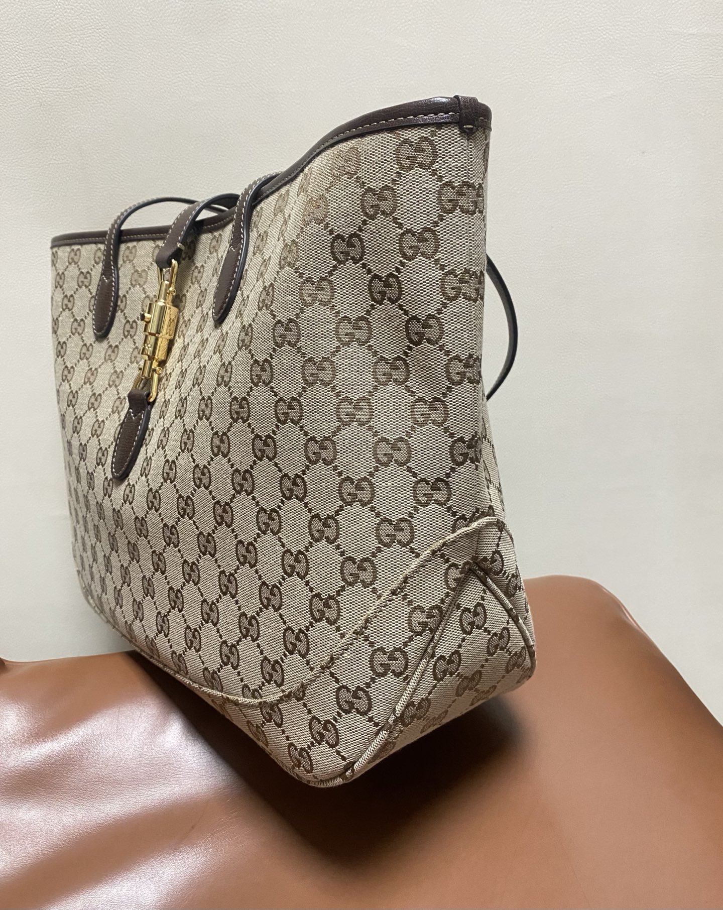 Gucci Jackie Beige GG canvas with brown leather 45cm tote everyday