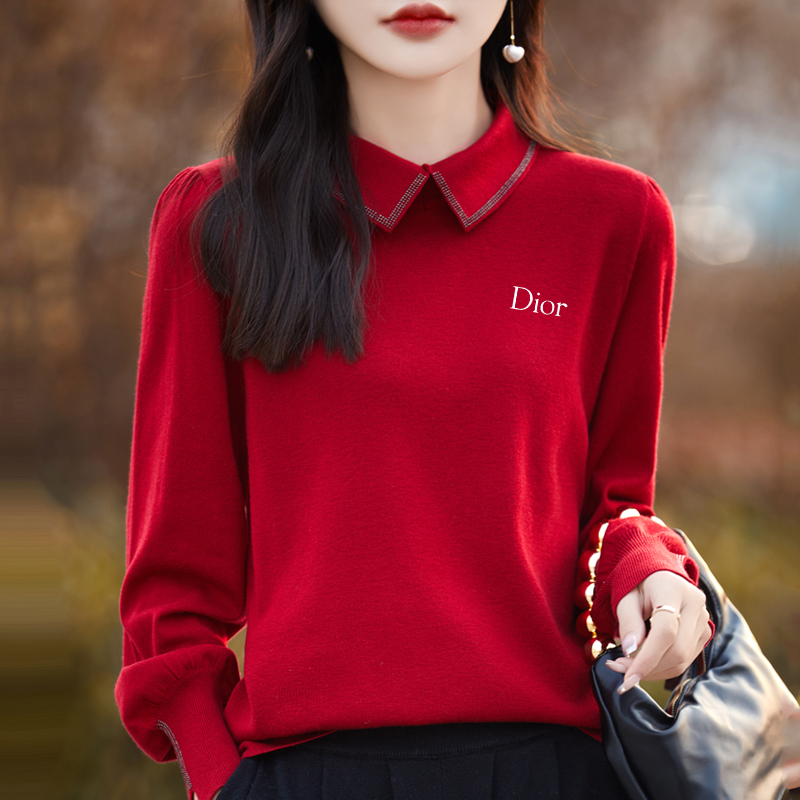 Dior Women's Red Knit Top with Collar Detail - Elegant and Chic Style