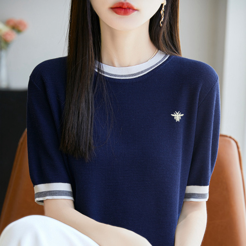 Dior Navy Blue Knit Top with Bee Embroidery and Contrast Trim 1 Dior Navy Blue Knit Top with Bee Embroidery and Contrast Trim