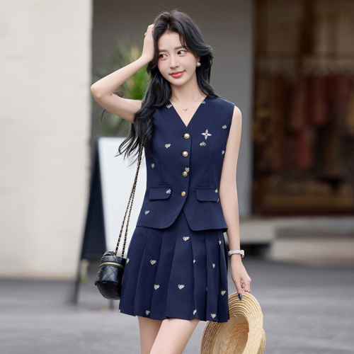 Louis Vuitton Navy Embroidered Vest and Pleated Skirt Set - Elegant & Chic 1 Louis Vuitton Navy Embroidered Vest and Pleated Skirt Set - Elegant & Chic