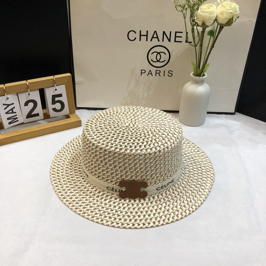 Oferta especial [CELINE] Sombrero de paja tejido de nueva temporada 2024, primera opción para el verano en la playa, he…