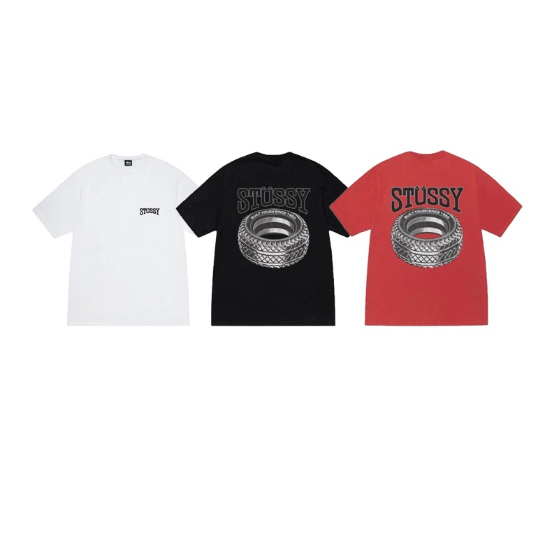 P40 STUSSY SS25 camiseta de manga corta con estampado de neumático, unisex, 230g de algodón puro, versión cor…