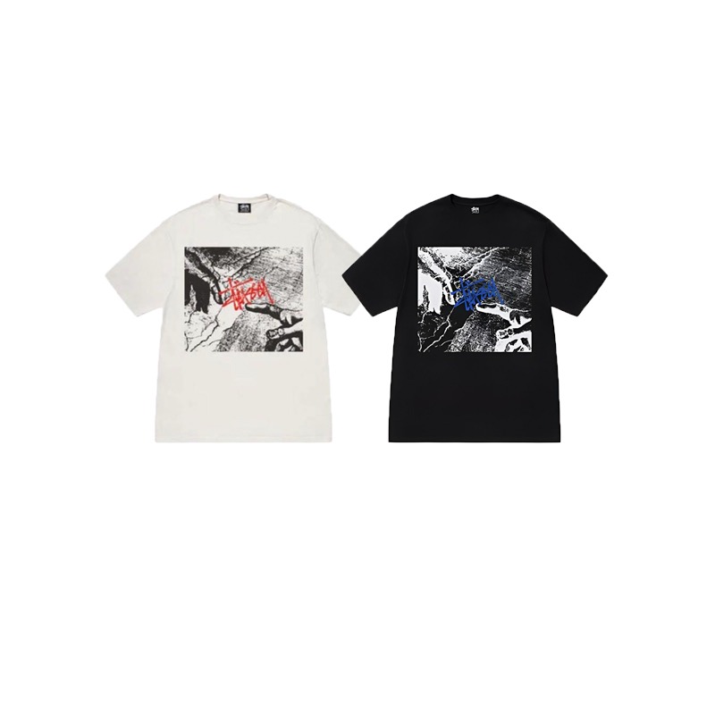 P40 STUSSY SS25 Camiseta de manga corta unisex con estampado de letras y huella de mano 230g algodón puro versión corre…