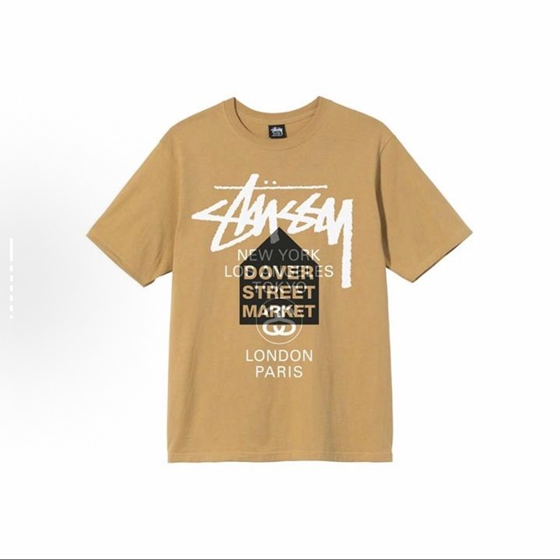 P40 STUSSY斯图西 SS25 世界巡演叠印花短袖t恤男女同款 230克纯棉 正确版本与正品相同。区别市场通货。 颜色：黑色 白色 藏青色 黄色 尺码：S -XXL