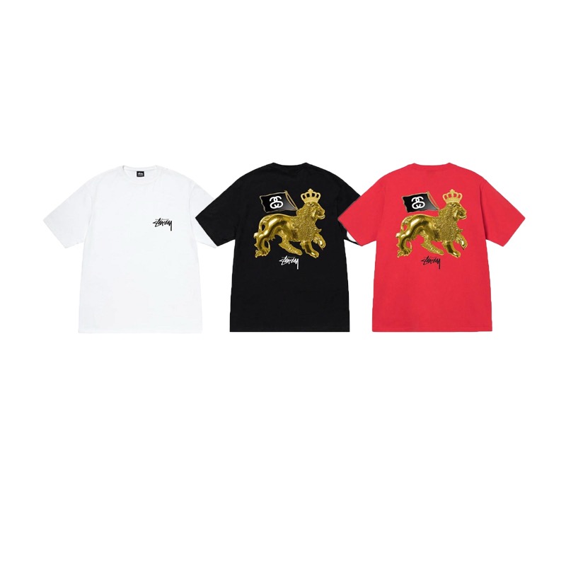 P40 STUSSY SS25 Estampado de león camiseta de manga corta unisex 230g algodón puro versión correcta igual que…