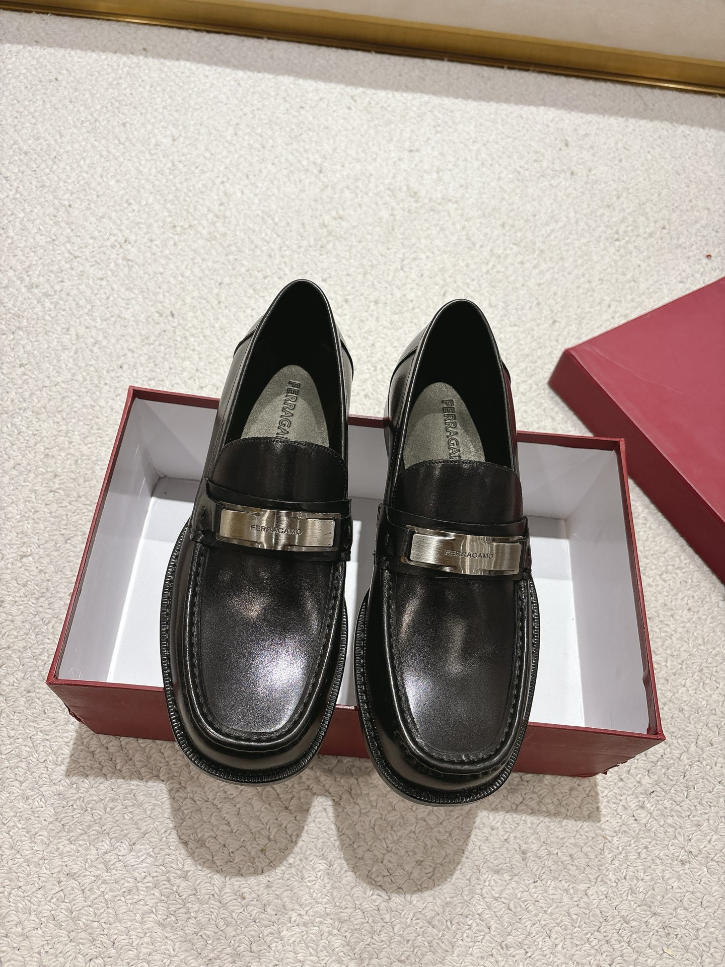 Salvatore Ferragamo Men's Black Leather Loafers with Metal Buckle Detail