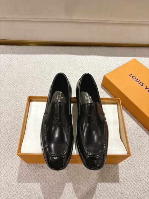 Louis Vuitton Men's Black Leather Loafers with Monogram Accent